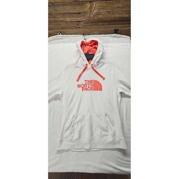 The North Face Tops - The North Face Womens Hoodie White Coral Orange Logo Pullover Sweatshirt Large